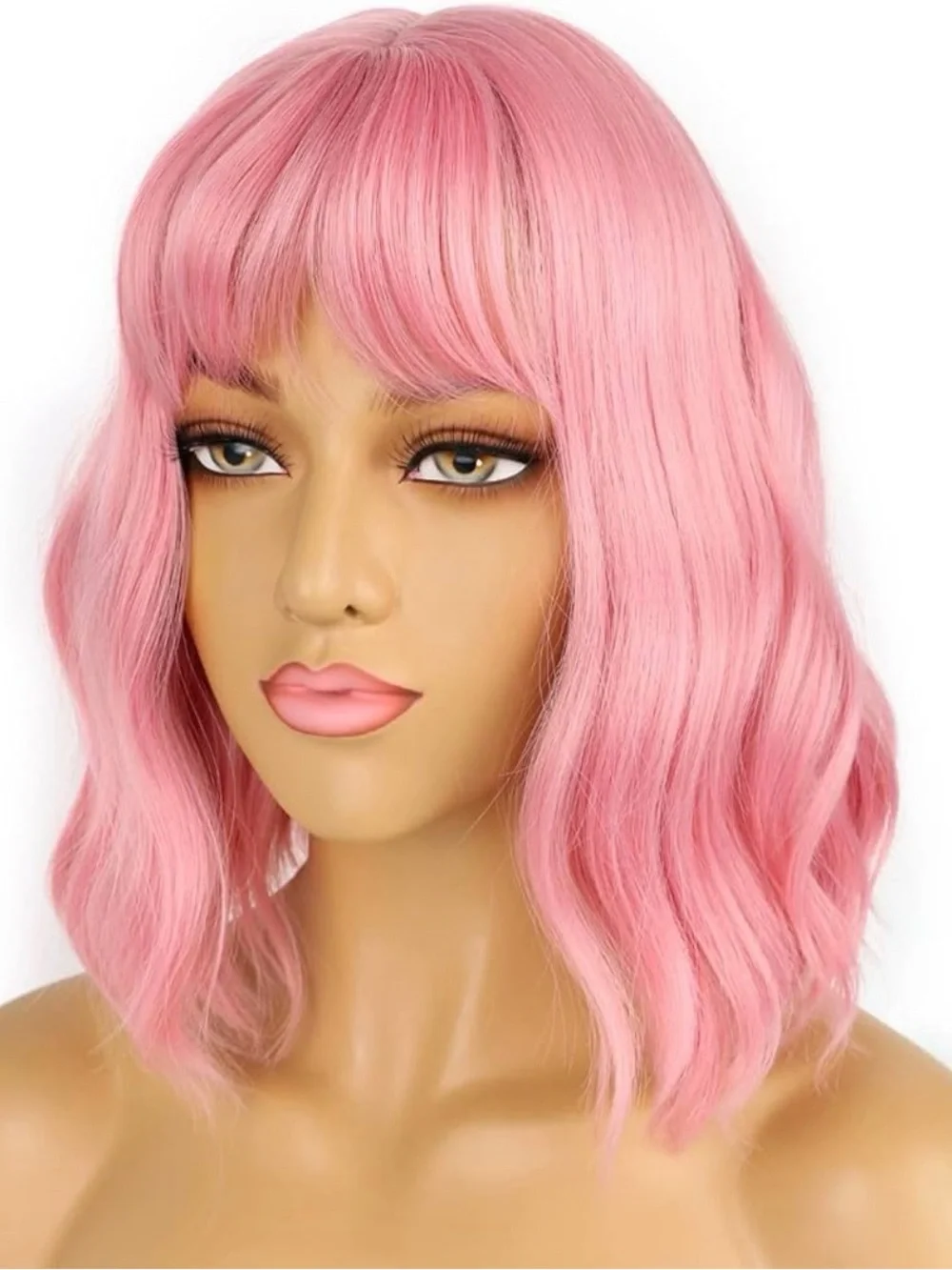 Lancaini Pastel Bob Wigs with Bangs for Women Loose Wavy Wig Pastel Wavy Pink